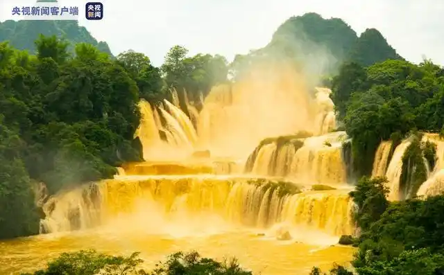 广西德天跨国瀑布景区现"黄金瀑布" 在阳光的照射下呈金黄色