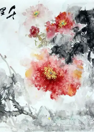 梁海岸《雨中花 四尺横幅》广州美院高级画师 当代实力派名家