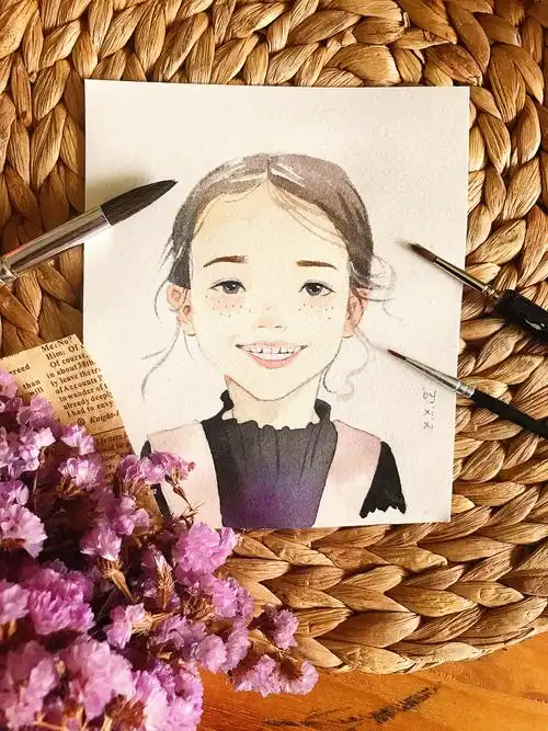 零基础水彩教程8张大嘴笑的雀斑女孩