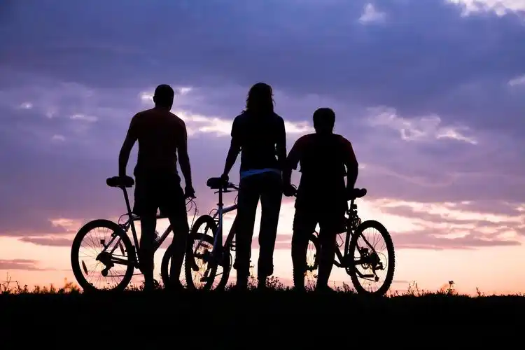 唯美黄昏日出一家三口黑色剪影三个推自行车的人物黑色剪影幸福一家人