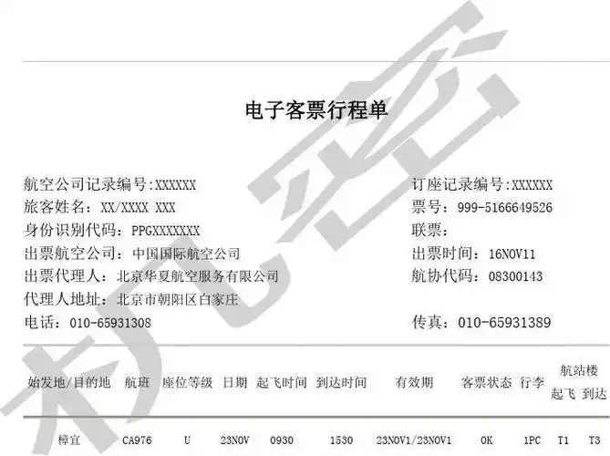 国际机票电子客票行程单