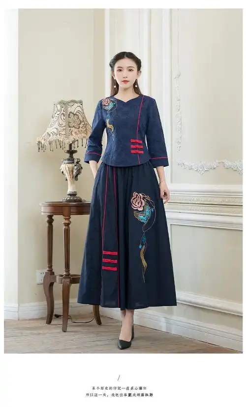 中国风复古唐装加大码棉麻绣花上衣女春夏季民族风茶服半身裙套装