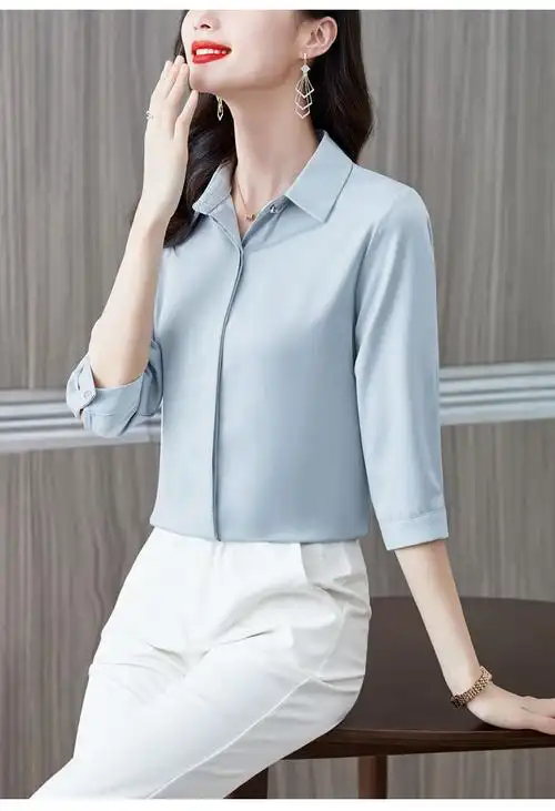 精选百搭高档品牌真丝衬衫女七分袖夏季时尚工装正装白色衬衣洋气小衫