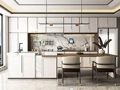 新中式开放式厨房 橱柜 厨具 吧台3d模型