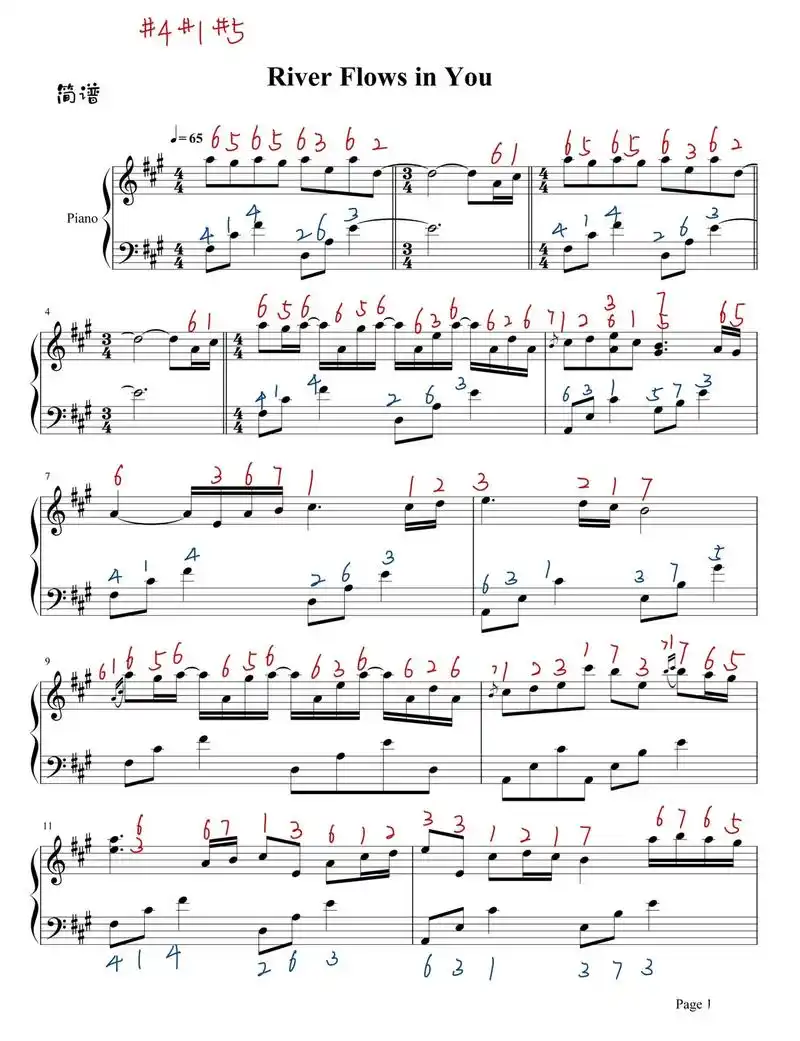 river flows in you.钢琴谱,标注简谱#简谱 - 抖音