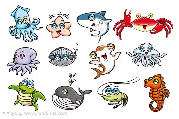 一组海洋动物素材简笔画