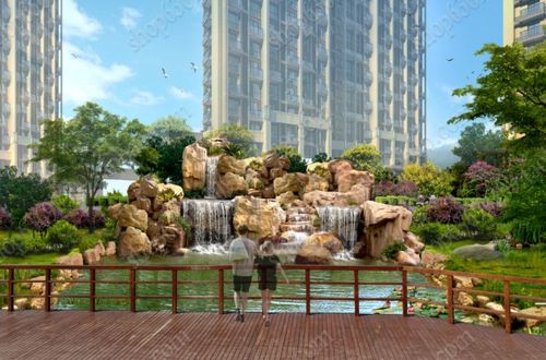 黄石假山psd分层效果图入口大门景观ps  承接假山榕树效果图设计