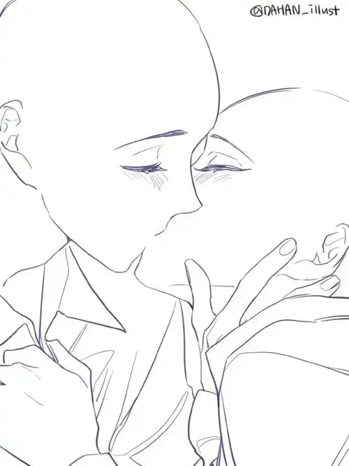 绘画素材甜蜜接吻人物动态模板双人线稿