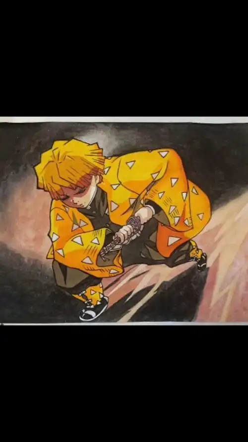 画动漫-鬼灭之刃-善逸 雷之呼吸-壹之型-雷霆一闪 颜料:国画颜料 纸