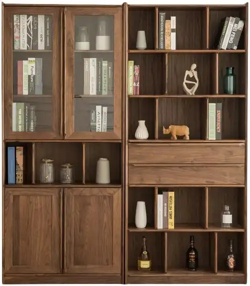 一山木作 北欧风全实木黑胡桃玻璃门书柜