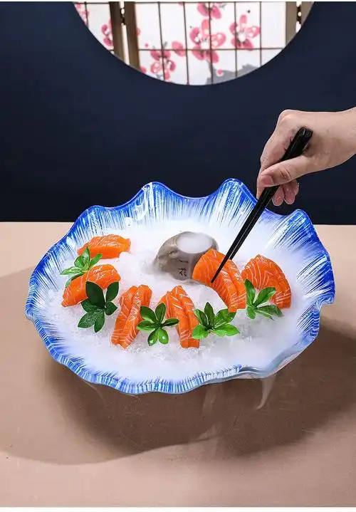 装海鲜餐盘 创意三文鱼冰盘拼盘海鲜刺身盘干冰玻璃盘子高端姿造摆盘