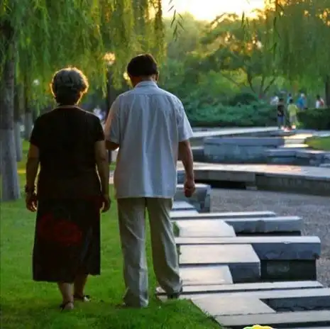 夕阳下,我搀扶着妻子在公园小道上散步,晚霞把我们的身影拉得很长很