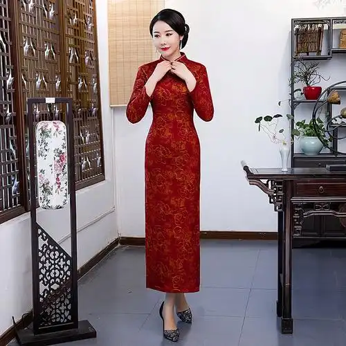 旗袍中年妈妈秋冬长袖加绒加厚婚礼服大码复古改良优雅长款连衣裙