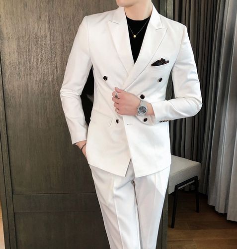 白色双排扣西服套装男商务休闲礼服英伦时尚帅气小西装修身两件套