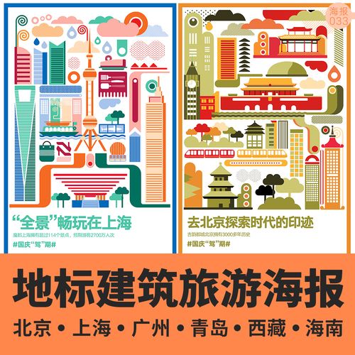 城市地标建筑孟菲斯旅游海报ps素材模板北京上海广州青岛西藏海南