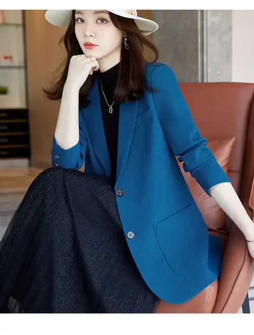 西服潮跨境外贸2022年春季新款欧美ins女装纹理短款蓝色格子通勤小