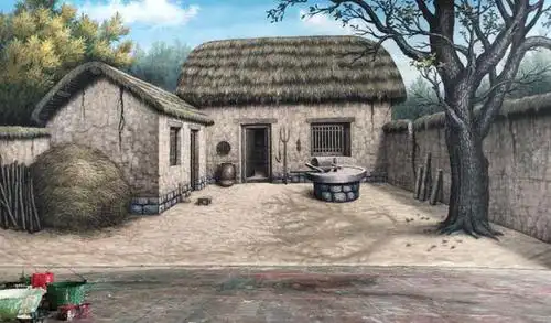 《农家院景》:此幅作品以茅草屋为主题,破水缸农具等生活用品搭配