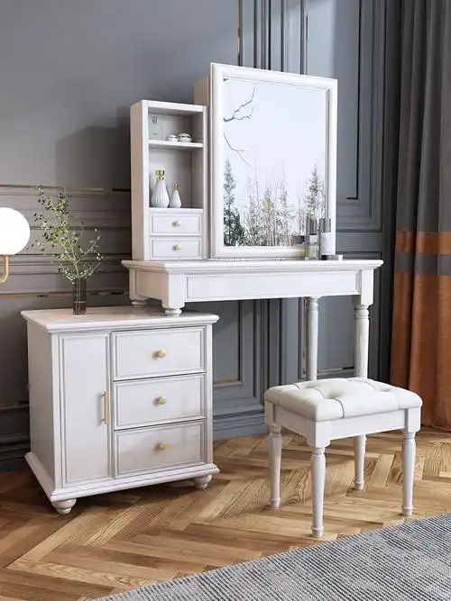 青木川 轻奢实木梳妆台带灯卧室家用小户型简约现代化妆桌收纳柜一体