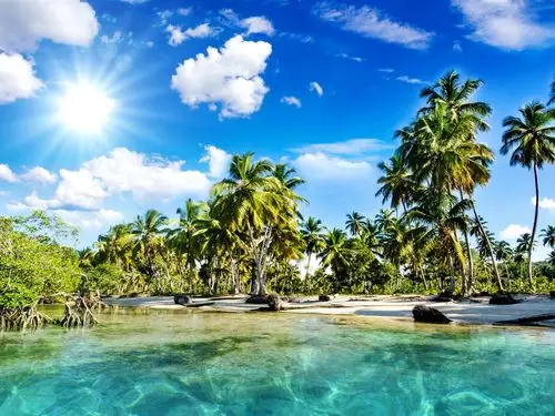 下载桌布 1600x1200 风景秀丽,热带,沙滩,棕榈树,大海,阳光 桌面背景