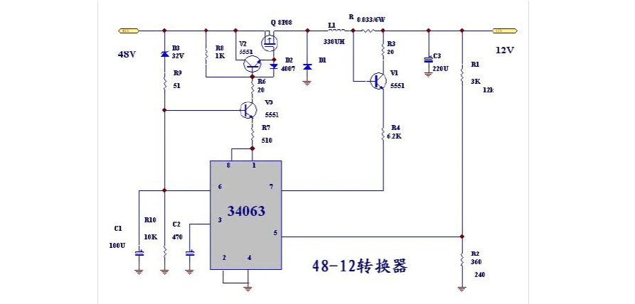 48v输入12v输出的直流降压电路