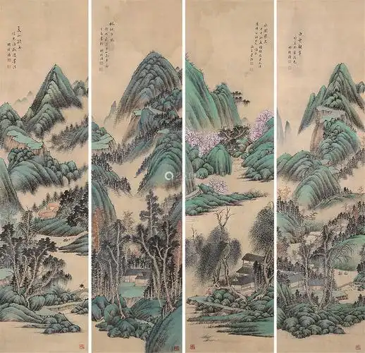 王学浩17541832青绿山水四屏原裱屏轴设色绢本