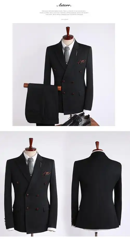 套装男士三件套结婚礼服主持人正西装 t9823双排扣深灰色条纹两件套