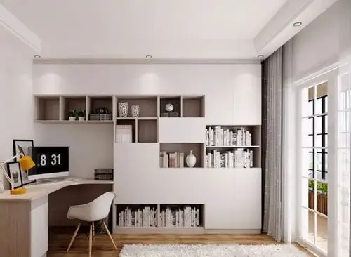 为了整体协调,设计师用无把手柜门,把大部分柜子隐藏起来,咋一看,还不