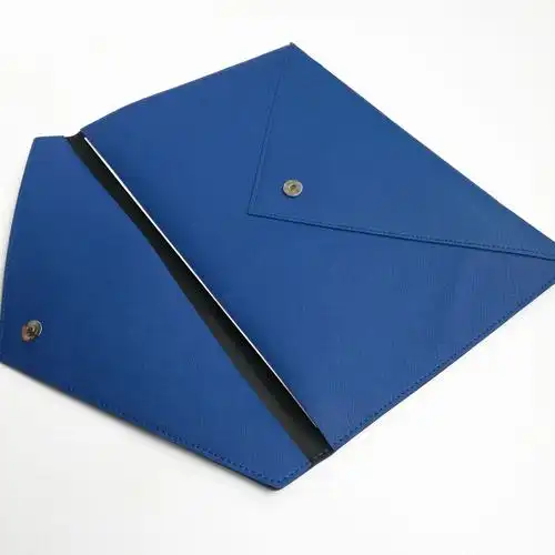 定制蓝色皮革a4文件袋 皮革车缝办公资料文件袋定做logo