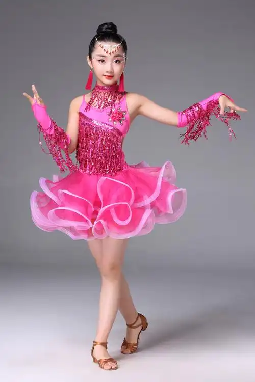 2018亮片练功舞蹈少儿比赛服专业女童儿童流苏儿童演出服