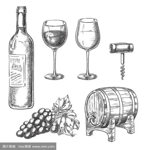葡萄酒素描矢量插图.