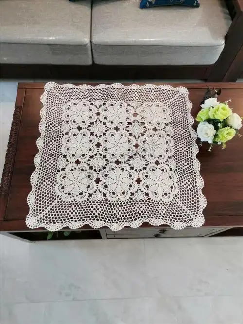 钩针钩花桌布田园镂空编织沙发巾复古怀旧茶几装饰盖布米色160cm正方