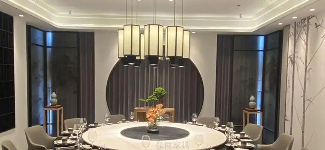 夏季京选新中式大理石圆桌新中式岩板酒店电动大圆桌饭店手动餐桌椅15