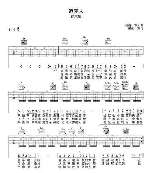 追梦人吉他谱_罗大佑/凤飞飞_g调弹唱谱