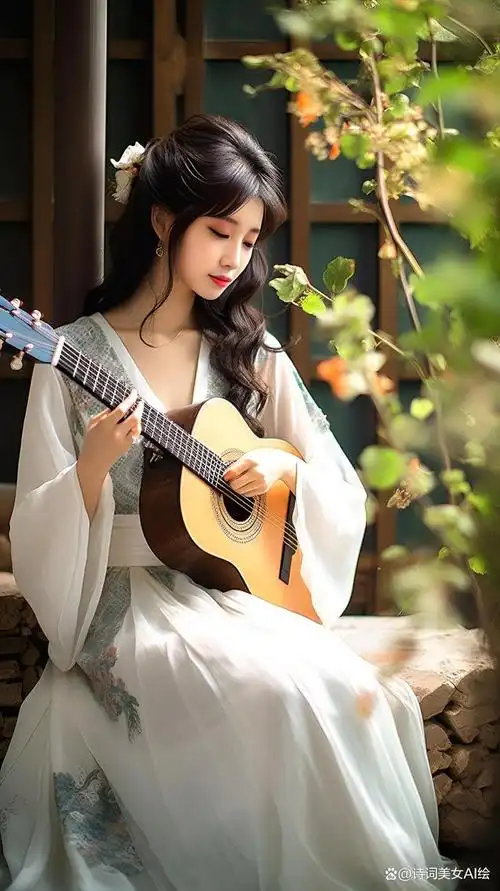 ai美女:白衣美女弹吉他