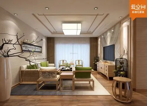 简约中式风格131平米三居客厅背景墙装修效果图