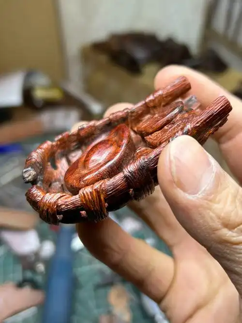 纯手工雕簸箕把件元宝铜钱印度小叶紫檀木雕工艺品文玩盘玩把玩件