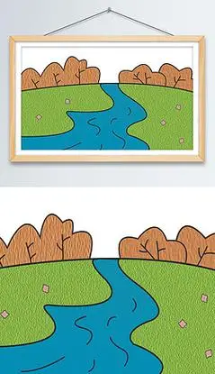 青青草地上一条弯弯的小河卡通插画素材背景