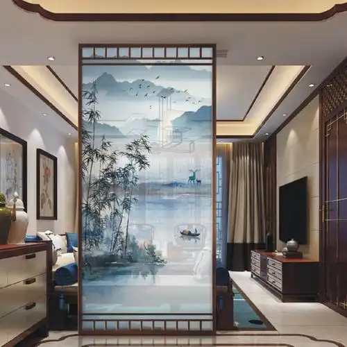 工艺夹娟玻璃屏风山水画水墨画夹娟玻璃_艺术玻璃_建筑玻璃_建材家装