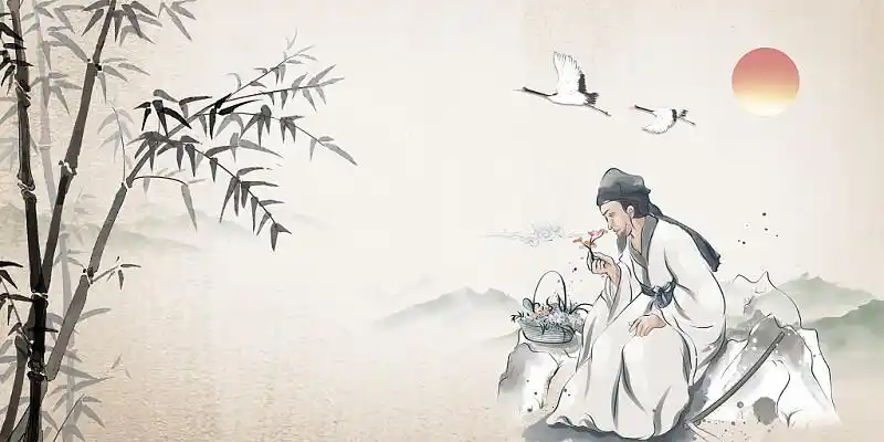 米色古风老人竹子水墨感红日展板背景