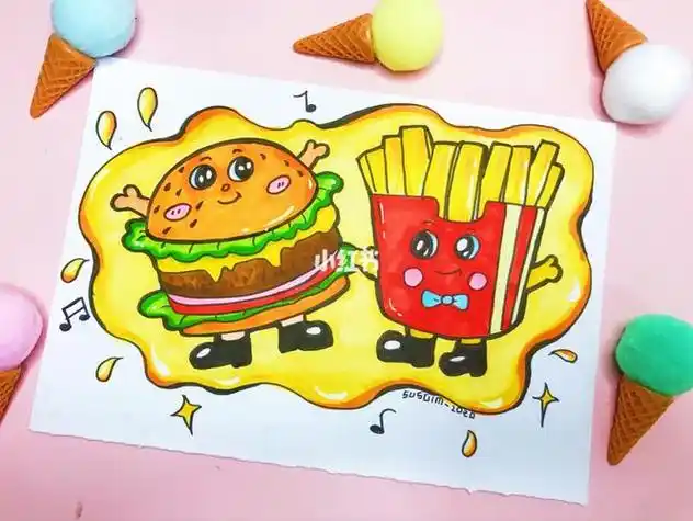 3分钟内画好可爱的薯条~肯德基 汉堡包 薯条 爆米花 冰淇淋 简笔画