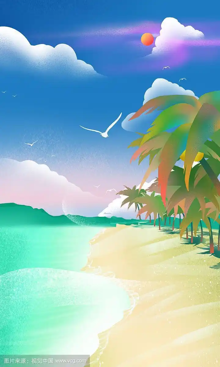夏日海边椰子树美景插画背景
