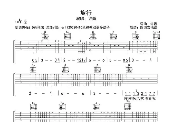 许巍旅行吉他谱d调吉他弹唱谱扫弦编配原版编配