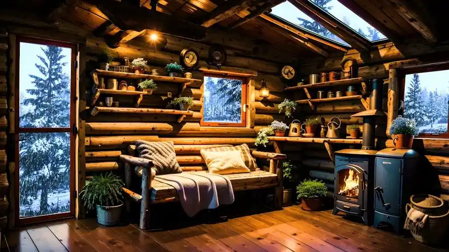 暴雪森林木屋氛围噼啪作响的壁炉燃烧声窗外雪花飘落声刺骨的冷风声助