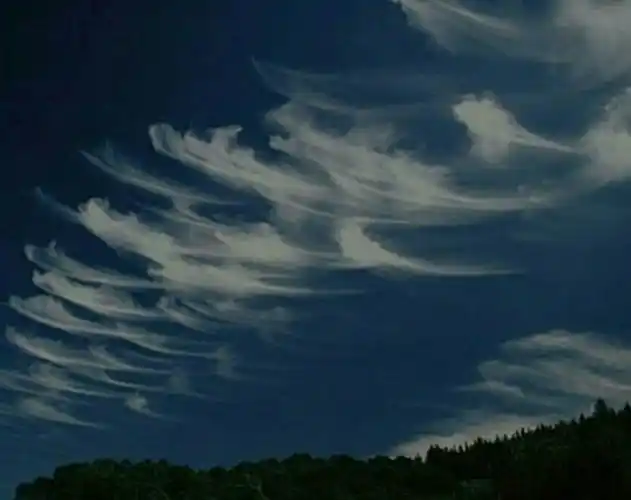 钩卷云,下落的冰晶产生的云条,高度在6000-12000米,降水不会达到地面.