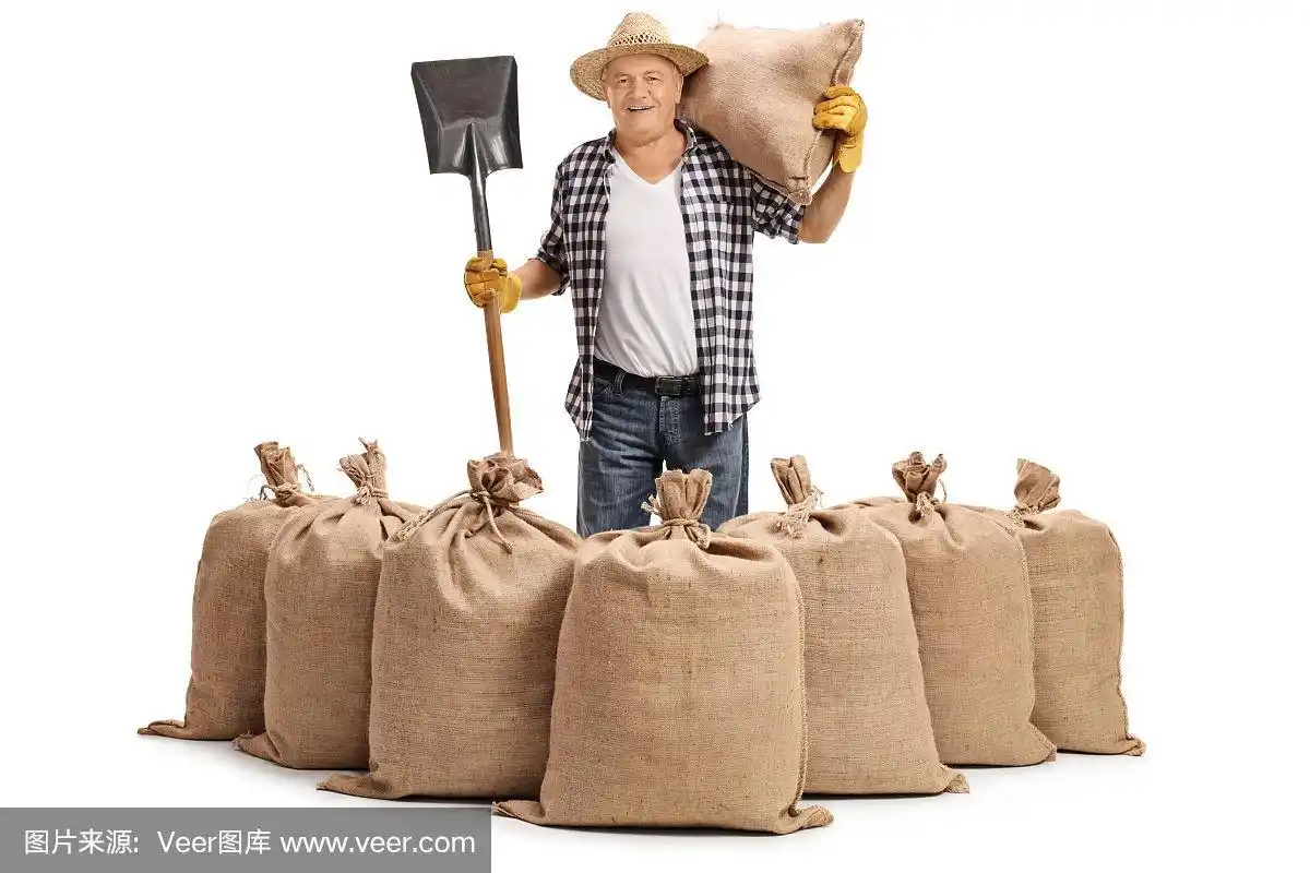 肩上扛着茅草屋和麻袋的成熟的农业工人