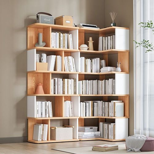 实木书架现代简约落地储物柜墙角置物柜北欧客厅省空间转角书柜