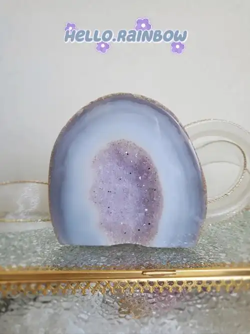 新加坡水晶超仙粉紫色玛瑙边水晶摆件