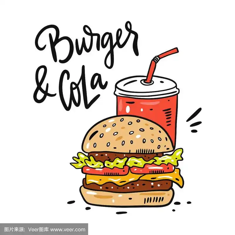 汉堡和可乐手绘矢量插图和字母.快餐卡通风格.
