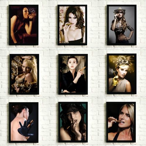 定制雪茄抽雪茄女人雪茄吧烟草美女女明星抽雪茄黑框装饰画照片墙