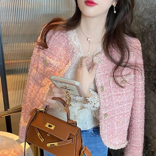 元乐申粉色小香风外套女短款减龄设计气质高雅秋季女春秋款洋气 粉色